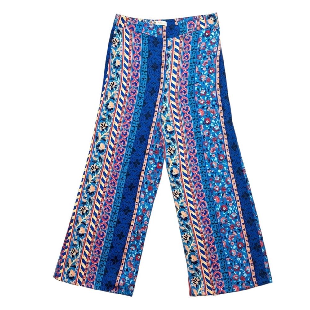 Zara Wide Leg Pants Blue Satin Effect Floral Stripe Boho Resort Palazzo Pants L
